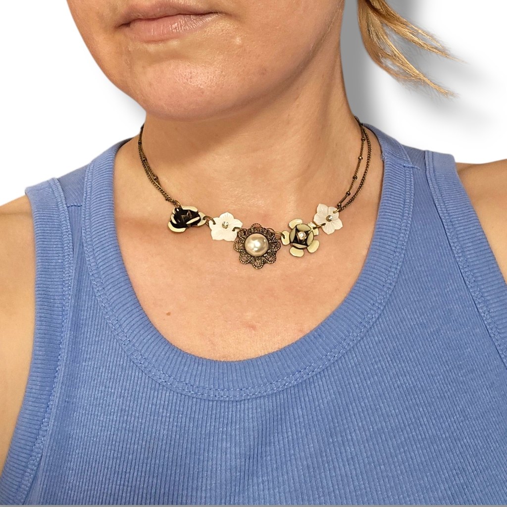 Vintage Y2k Necklace Rose Pearl Fairy Grunge Style Park Lane Jadore Brass Tone 6$